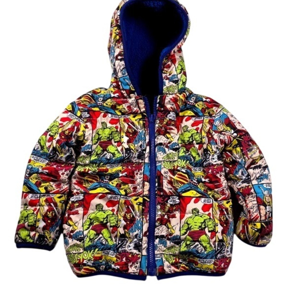 Kids Marvel Comics Superhero‎ Puffer Jacket Hooded Fleece Lined Blue Size 2T